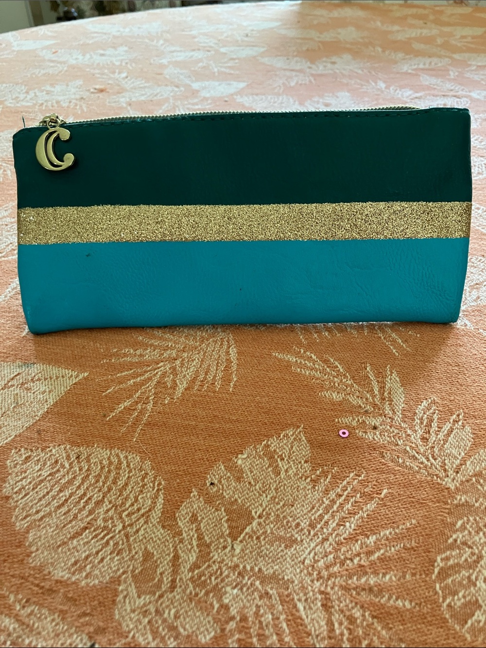 Teal and Dark Green Zip Pouch with Gold Accent